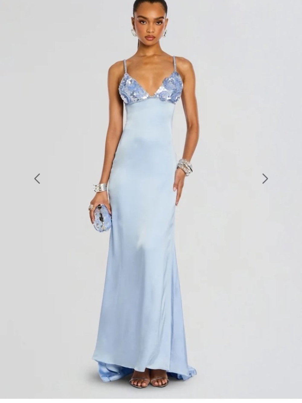 Retrofete Light Blue Satin Maxi Dress with Embellished Bust
